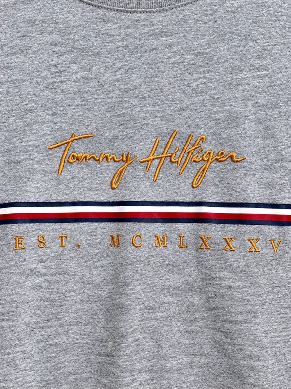 Tommy Hilfiger Gray Crewneck Sweatshirt with Gold Script & Red-White-Blue Stripe